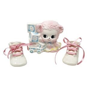 Vintage Baby Nursery Lot Ceramic Planter Pair of Baby Shoes Pink Ribbon Laces